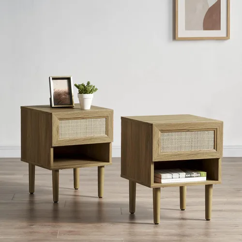 Vista 13 de Mopio - Mesita de noche Haylee de ratán, mesa auxiliar perfecta para sala de estar y dormitorio que complementa tu cama o sofá (carbón)