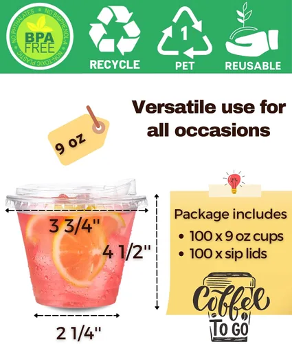Vista 4 de Paquete de 100 vasos de plástico transparente de 9 onzas con tapas sin popote para beber, vasos desechables de plástico para café helado, vasos