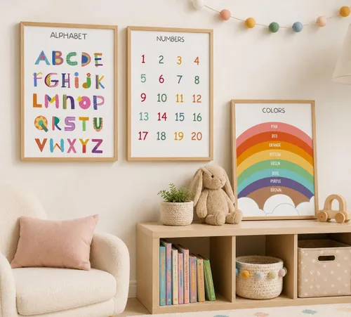 Vista 4 de DULASI - Paquete de 6 carteles educativos para niños, juego de arte de pared de lienzo sin marco, formas del alfabeto, números, colores, meses