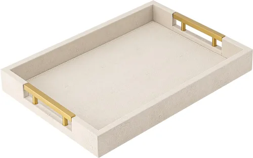Vista 13 de Bandeja de servicio de piel sintética beige con asas, bandeja decorativa grande para mesa de café, otomana, sala de estar, baño, decoración del hogar