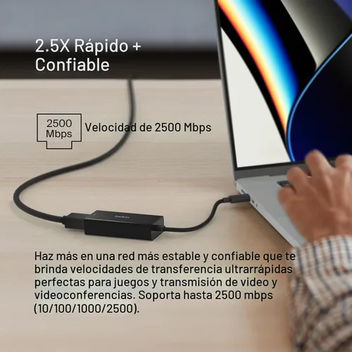Vista 2 de Belkin Adaptador Ethernet USB tipo C a 2.5 Gb, certificado USB-IF Thunderbolt 3 y 4/USB-C a LAN adaptador de red compatible con MacBook Pro/Air