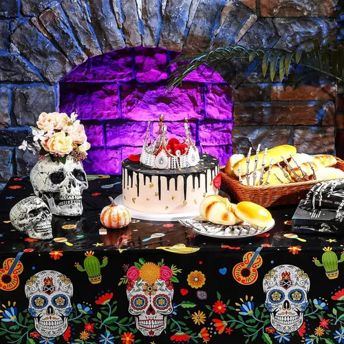 Vista 5 de Irenare Mantel de plástico con diseño de Día de los Muertos, diseño de calavera de azúcar, desechable, rectangular, para Halloween, cumpleaños Negro