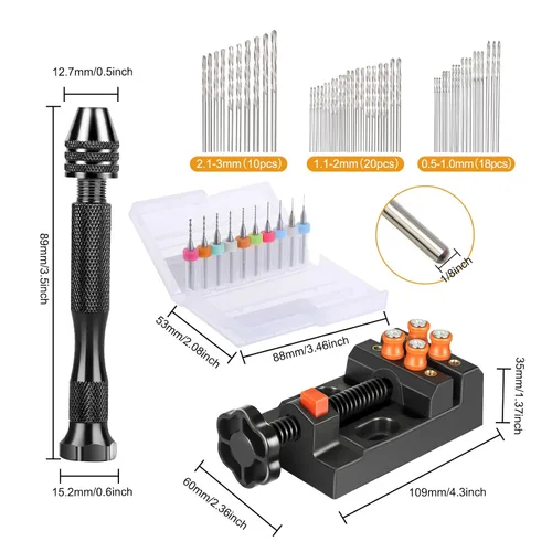 Vista 2 de Juego de 60 taladros manuales con tornillo de banco, micro mini brocas helicoidales, herramienta de tornillo de banco para resina y madera, joyería