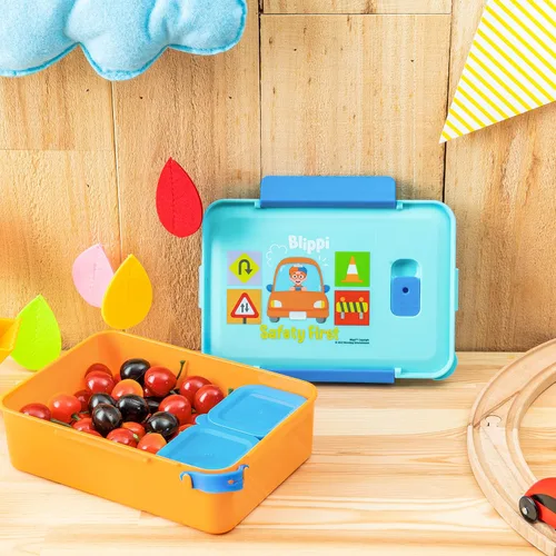 Vista 3 de Zak Designs Blippi Caja Bento de plástico reutilizable con sello a prueba de fugas, asa de transporte, ventilación de vapor para microondas