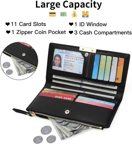 Vista 2 de Cartera BVEOGMRO para mujer de cuero con bloqueo RFID, gran bipliega con múltiples ranuras para tarjetas, con cierre, soporte para tarjetas