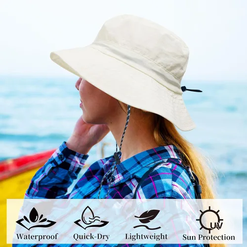 Vista 2 de NPJY Packable Sun Bucket Hat for Women Outdoor Waterproof Rain Hat Beige liso (plegable)
