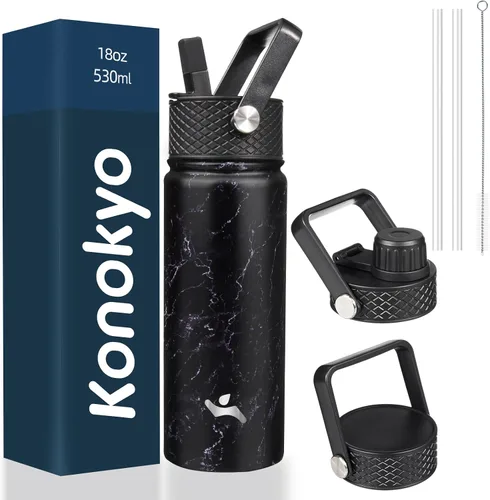 Vista 126 de Konokyo - Botella de agua aislada de 18 onzas, botellas deportivas de acero inoxidable con 3 tapas, verde militar
