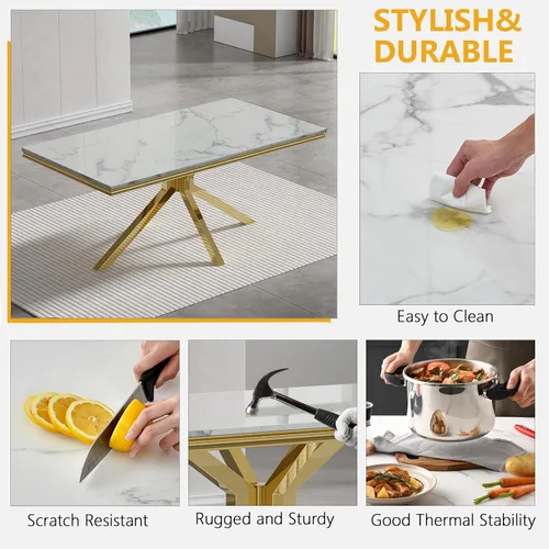Vista 6 de Juego de mesa de comedor de mármol para 6, mesa de cocina rectangular de mármol blanco de 68 pulgadas con patas en X de acero inoxidable dorado