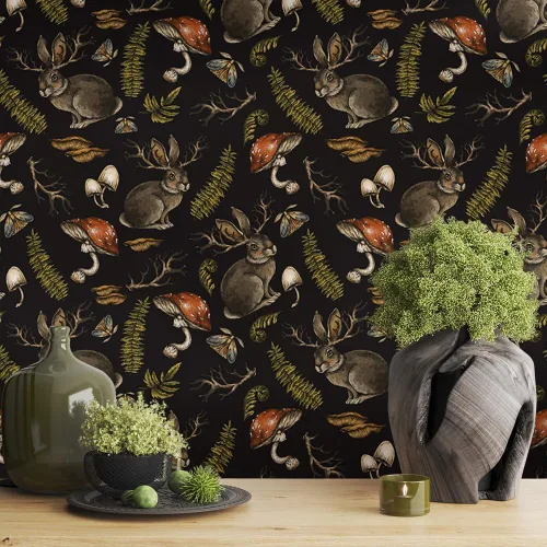 Vista 2 de MuralPeel Setas Conejos Animales Helecho Plantas Polilla Papel Pintado de Despegar y Pegar Autoadhesivo Extraíble Fácil de Despegar Adhesivo
