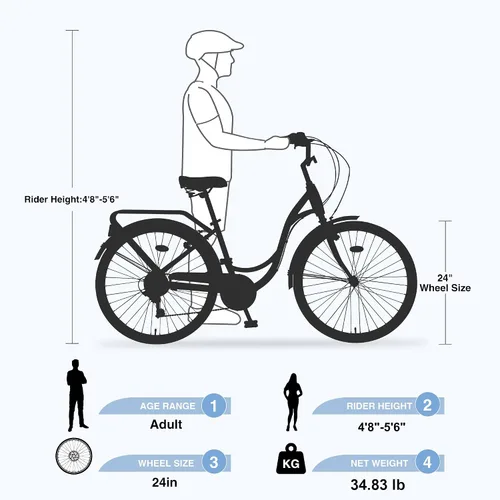 Vista 7 de MEGHNA Beach Cruiser Bike Low Step - Through 24 inch/26 inch Bike Elegant Lady Bike V - Brake 7 Speed Cruiser Bike with Rear Rack Bell for Girls