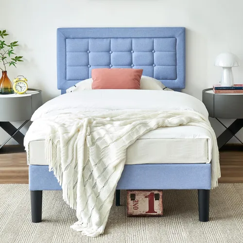 Vista 15 de VECELO Base de cama tamaño matrimonial, cabecera tapizada ajustable con botones, marco de cama resistente con soporte de listones de madera,