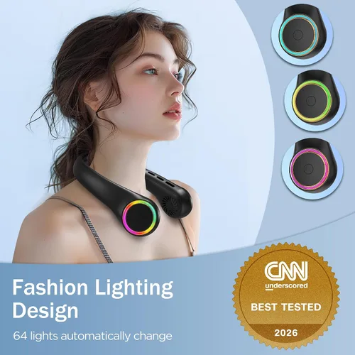 Vista 4 de Ventilador de cuello, ventilador portátil con vida útil de 5 a 17 horas, ventilador de cuello de 4000 mAh con 3 velocidades ajustables y 64 luces