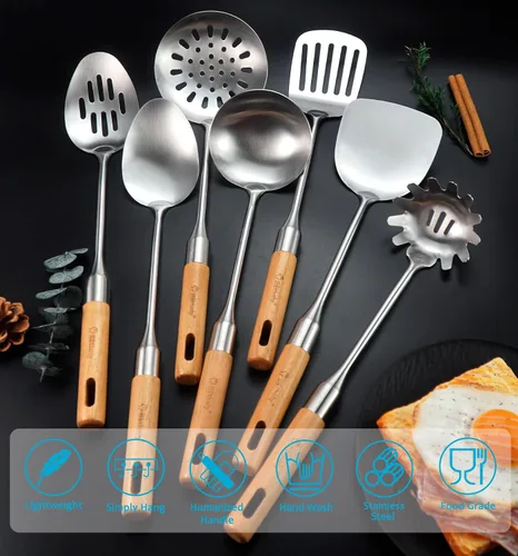 Vista 8 de Juego de utensilios de cocina de acero inoxidable con mango de madera, 7 piezas de utensilios de cocina largos de acero inoxidable, juego