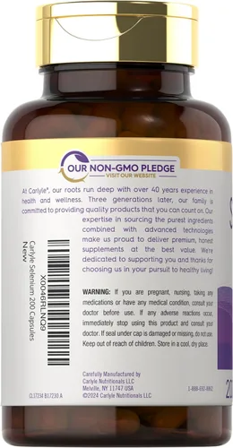 Vista 3 de Carlyle Selenio sin levadura 200 mcg 200 cápsulas Mineral esencial de L-selenometionina Suplemento vegetariano, sin OMG y sin gluten