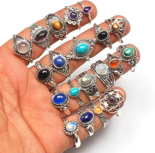 Vista 4 de Juego al por mayor de anillos hechos a mano chapados en plata para mujeres niñas apilables vintage midi anillos de dedo tamaños USCA 6-10 anillos