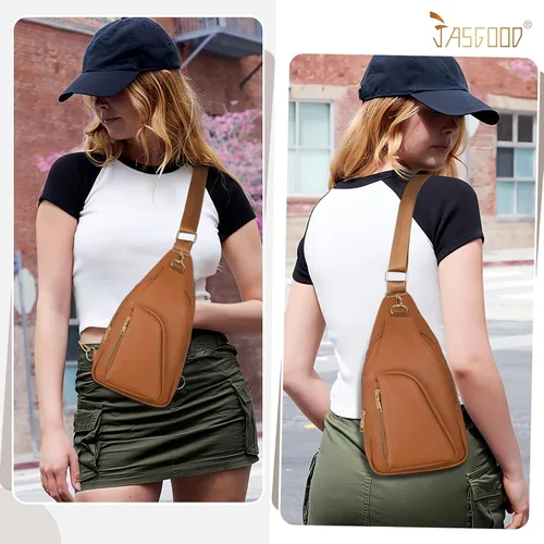 Vista 2 de JASGOOD Women Fanny Pack Crossbody Bags PU Leather Sling Bag Trendy Chest Bag for Women Travel,Dark Brown