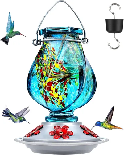 Vista 18 de BOLITE - Alimentador de colibríes, de vidrio soplado a mano, para colgar en exteriores, con trampa para hormigas y 5 puertos de alimentación, 22