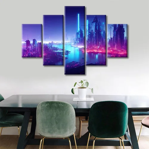 Vista 109 de Cuadros de 5 paneles de Cyberpunk City, arte de pared, representación de vallas publicitarias, edificios modernos en la capital con obras de arte