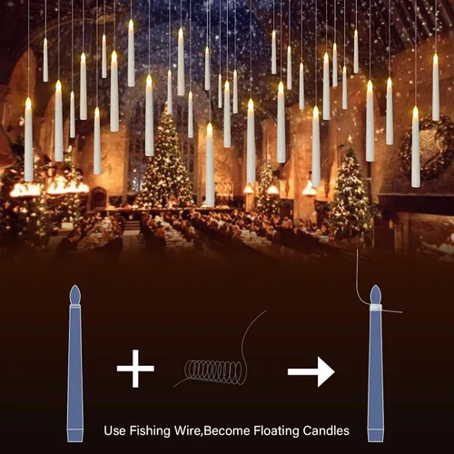 Vista 2 de PChero - Velas flotantes con temporizador remoto, paquete de 6 de 7.9 pulgadas, velas cónicas LED suspendidas que funcionan con pilas, candelabros 6