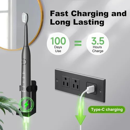 Vista 5 de Cepillo de dientes eléctrico recargable, 8 cabezales de cepillo, con batería de 100 días, 5 modos de limpieza, carga rápida tipo C, viene