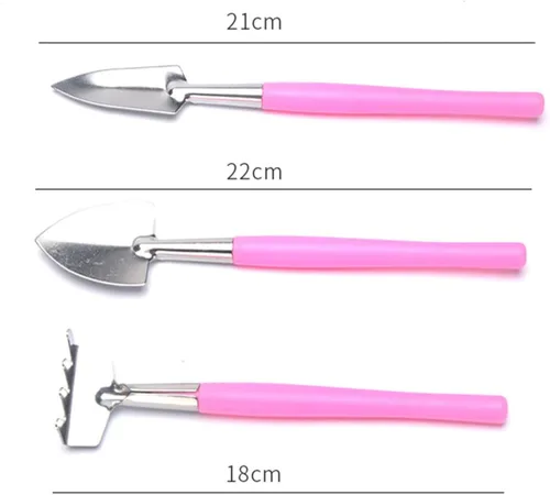 Vista 2 de jojofuny Práctica mini herramienta de jardín, mango de plástico antideslizante rosa con pala de hierro y rastrillo para plantar macetas