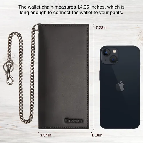Vista 7 de Enwaen Carteras de cadena de motociclista para hombre, bloqueo RFID, de piel auténtica, diseño largo para camionero, motocicleta, chequera, Negro