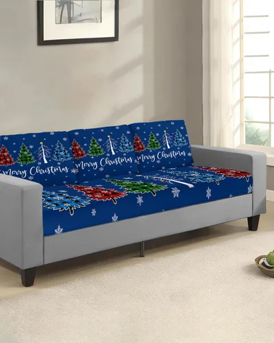 Vista 2 de Navy Blue Christmas Couch Cushion Covers, Stretch Sofa Cover with Elastic Bottom, Xmas Tree Winter Snowflake Sofa Slipcovers Protector Washable