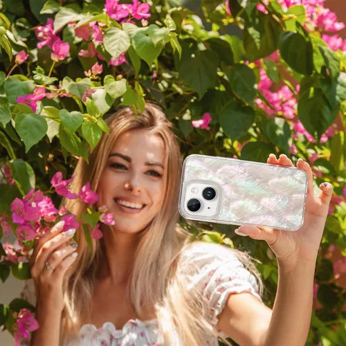 Vista 2 de Funda para iPhone fabricada con concha marina genuina única, duradera, impresionante hermosa, protección contra caídas, funda estética de lujo Beige