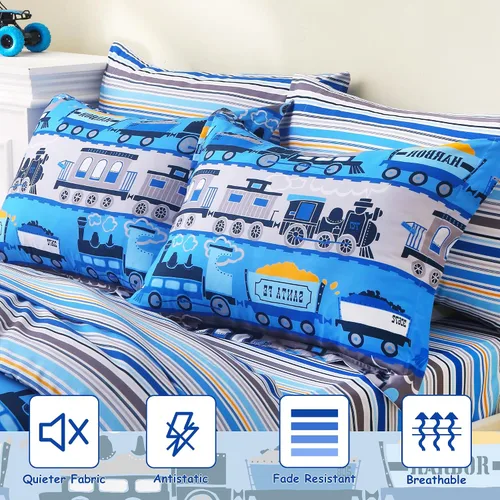 Vista 2 de Mooreeke Juego de edredón individual para niños de 6 piezas, juego de ropa de cama azul para adolescentes, cama de tren de microfibra para niños