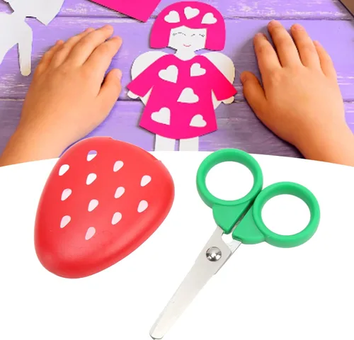 Vista 5 de Tijeras de plástico para niños, diseño de seguridad para niños, mini cortadores de papel portátiles con forma de fresa, suministros de manualidades