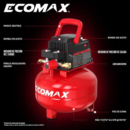 Vista 2 de ECOMAX Compresor de aire de 3 galones 110 PSI Pancake tanque portátil sin aceite con kit de accesorios de 11 piezas