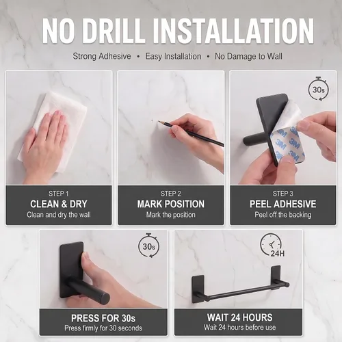 Vista 4 de Barra de Toalla Adhesiva Negra de 9 Pulgadas, Soporte de Toalla de Baño Adhesivo, Soportes de Toalla de Mano, Sin Perforación en la Pared - Negro