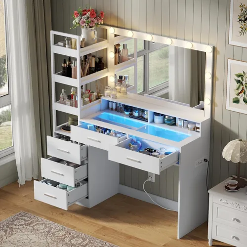 Vista 3 de Gyfimoie Escritorio blanco con espejo y luces, mesa de maquillaje de 8 cajones con parte superior de cristal, tomas de corriente y luces RGB