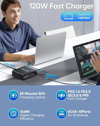 Vista 3 de Estación de carga USB C de 1000W, bloque de cargador USB C súper rápido de 120W PD GaN5 Type C for PC Laptop MacBook Pro/Air 10 Port Charger