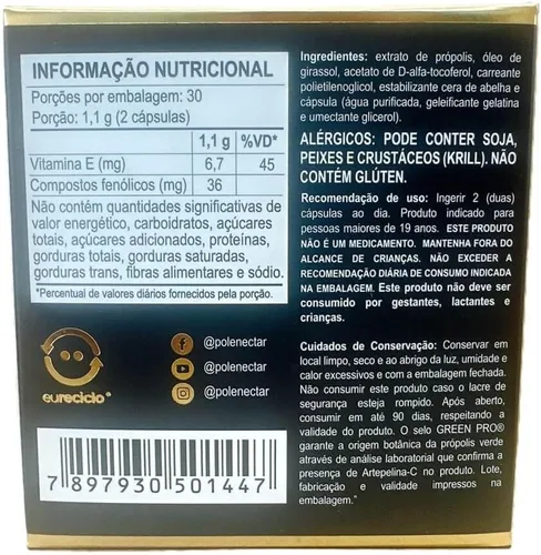 Vista 2 de 4 cajas de propóleo de abeja verde de Brasil Polenectar de 300 miligramos (60 cápsulas blandas)