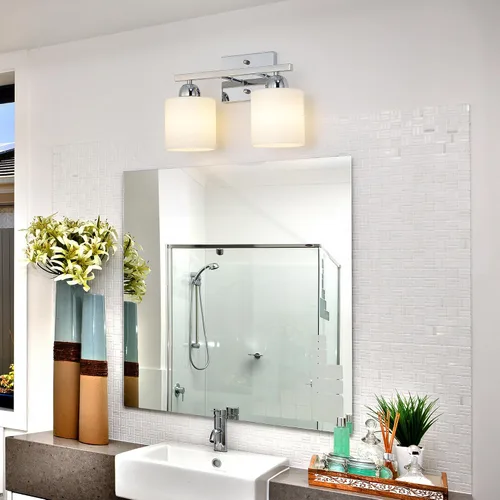 Vista 6 de Mecgirn Luces de tocador de vidrio de leche de acero inoxidable para baño, 2 lámparas cromadas de baño sobre espejo, enchufes E26 de cerámica