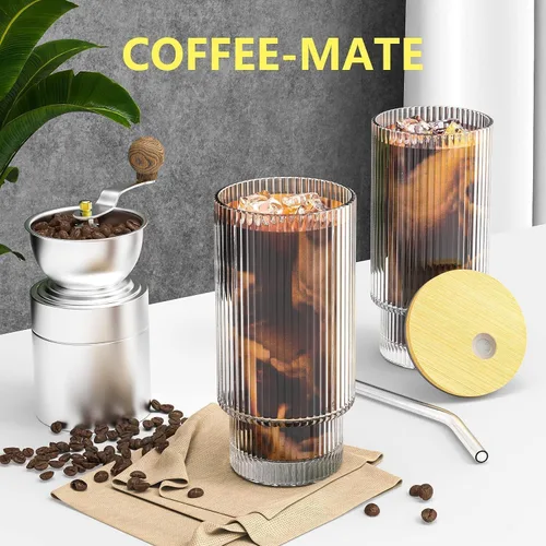 Vista 4 de CWHHRN Vaso de vidrio de 16 oz con tapa y pajita, vajilla vintage acanalada para whisky, cóctel, cerveza, tazas para café helado con tapa, vaso