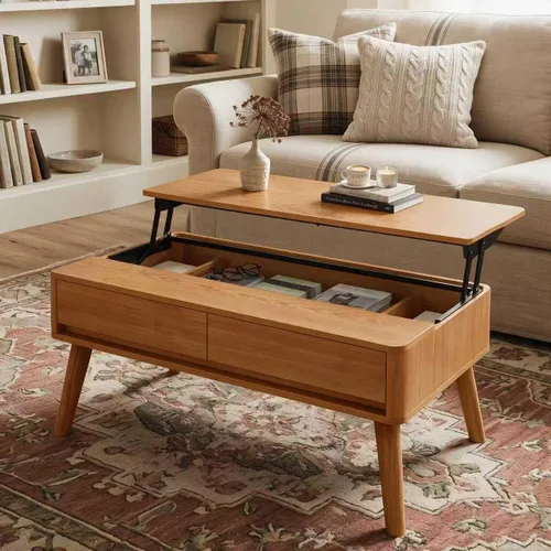 Vista 35 de Mesa de centro redonda de madera rústica de 29.7 pulgadas de 2 niveles con 29.7''-Rustic Natural