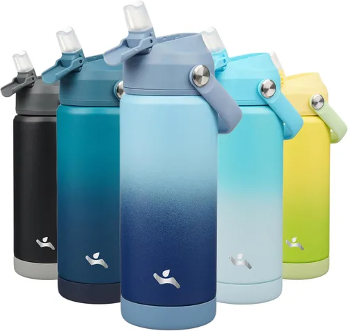 Vista 52 de Konokyo Botella de agua aislada con tapa de pajilla, botella de metal al vacío de acero inoxidable de 18 onzas con mango de silicona, color negro