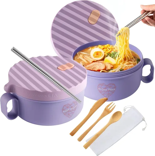 Vista 19 de Tazón de ramen para microondas de 40 onzas, olla de ramen con tapa, regalo de dormitorio universitario, color beige BPA Free