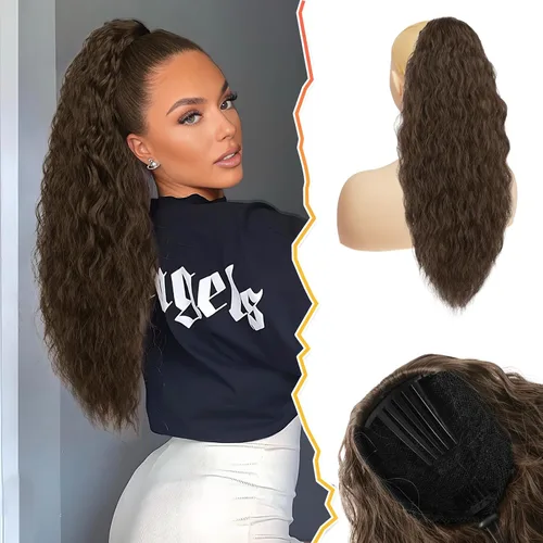 Vista 21 de BARSDAR Extensión de cola de caballo rizada ondulada con cordón negro marrón – 22 pulgadas de extensión de cabello sintético con peine de clip