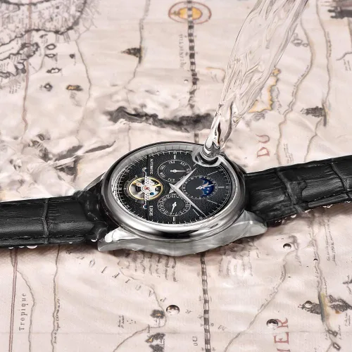 Vista 2 de LIGE Relojes mecánicos de lujo para hombre, reloj de pulsera automático de cuero blanco dorado