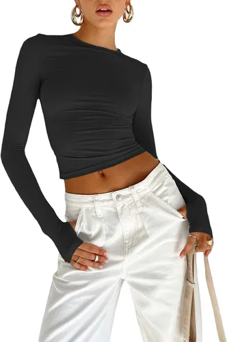 Vista 22 de Blusa corta básica casual para mujer, ajustada, manga larga, cuello redondo, color sólido, para otoño, camiseta ajustada Albaricoque