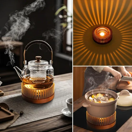 Vista 2 de Calderín de tetera, calentador de té de aluminio con base de madera, calentador de vela para calentar té, café, leche, alimentos, camping y viajes