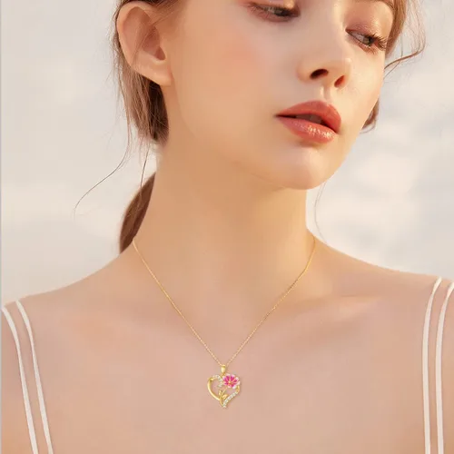 Vista 15 de Collar de flor de nacimiento de oro real de 14 quilates para mujer, oro amarillo creado moissanita con colgante de corazón, collares