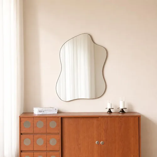 Vista 12 de Espejo de Pared Irregular Negro con Forma de Onda, Espejo de Pared con Marco de Metal para Baño, Dormitorio, Entrada, Sala de Estar, Decoración
