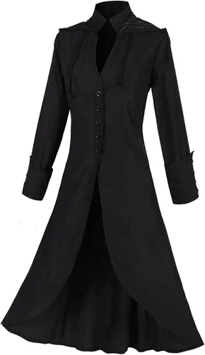 Vista 3 de Homisy Disfraces de Halloween para hombre, chaqueta de capa gótica punk de vapor retro de manga larga con capucha de metal con botones largos, Negro