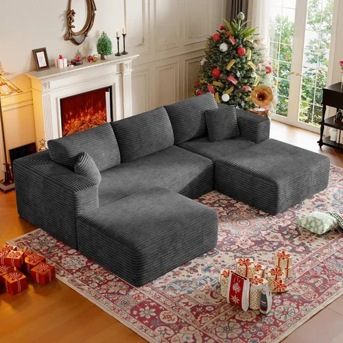Vista 14 de Sofá modular sin hueso de 134.6 pulgadas para sala de estar, sofá modular de pana en forma de U con diván y almohadas, sofá seccional de 4 asientos