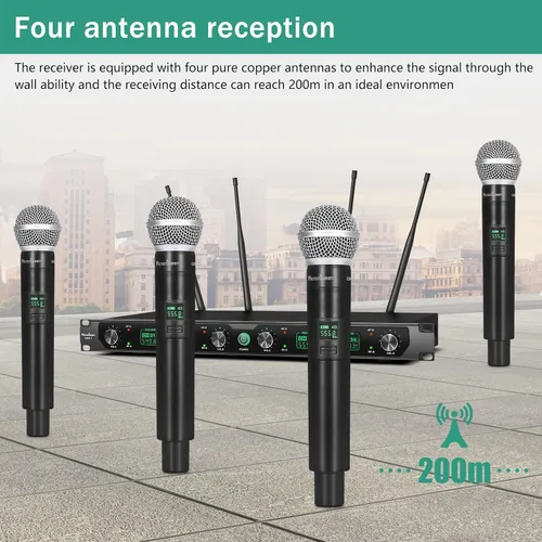 Vista 2 de Sistema de Micrófono Inalámbrico, Micrófono Profesional UHF de 4 Canales, Empareja Automáticamente Micrófono Inalámbrico de Metal con 4 Micrófonos