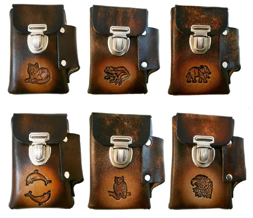 Vista 4 de Estuche de cigarrillos de cuero hecho a mano, bolsillo para encendedor, muchos diseños repujados